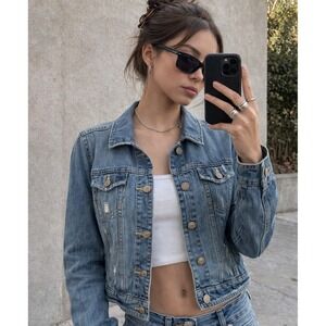 Y2K Denim Jean Jacket Womens Sz L Distressed Cropped Indie Sleaze Festival